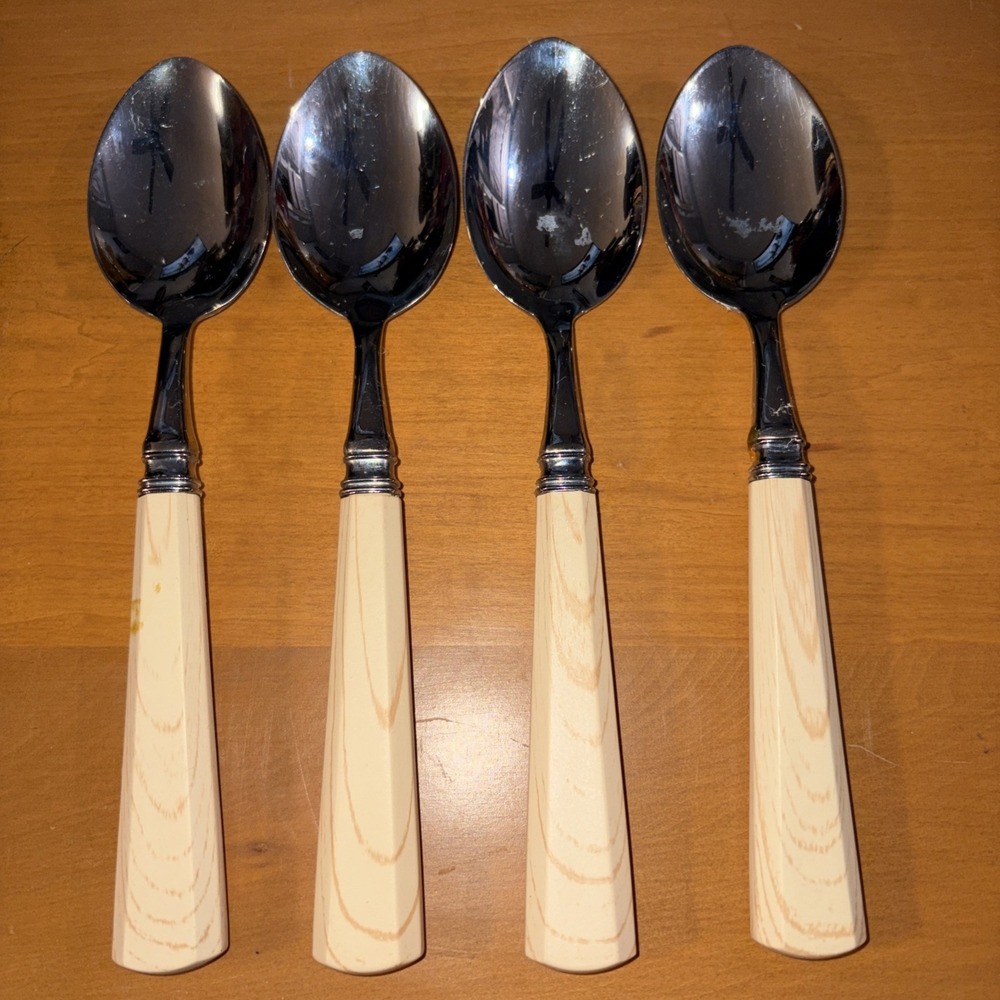 Williams Sonoma Faux Boris Ivory Wood Grain Handle Soup Spoon Set 4 Replacement